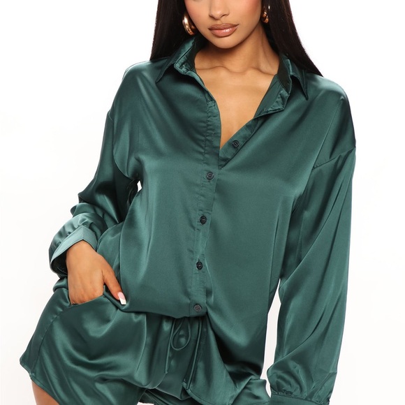 Fashion Nova Other - Emerald Green Satin Button-Down Blouse | Fashion Nova | SMALL